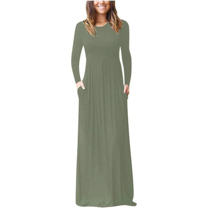 Autumn Winter Solid Color Pocket Maxi Dress
