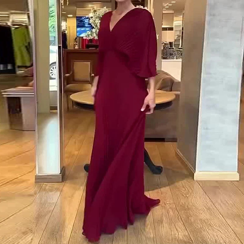 Elegant V-Neck Pleated Maxi Dress