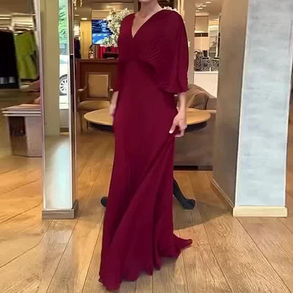 Elegant V-Neck Pleated Maxi Dress