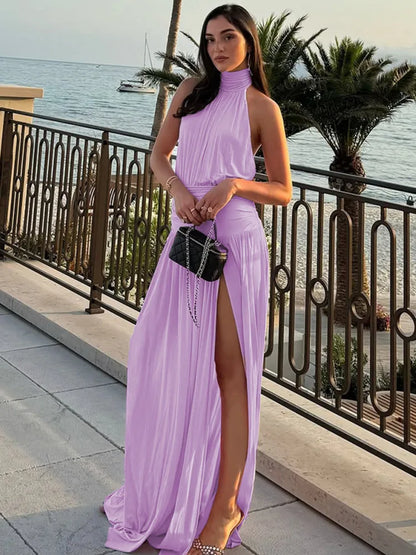 Halter Backless Pleated Maxi Dress