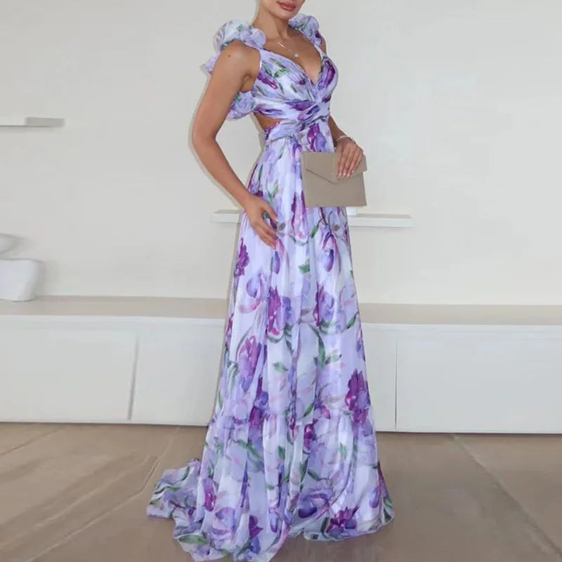 Floral Ruffle Backless Maxi Dress