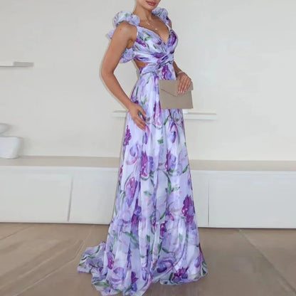 Floral Ruffle Backless Maxi Dress