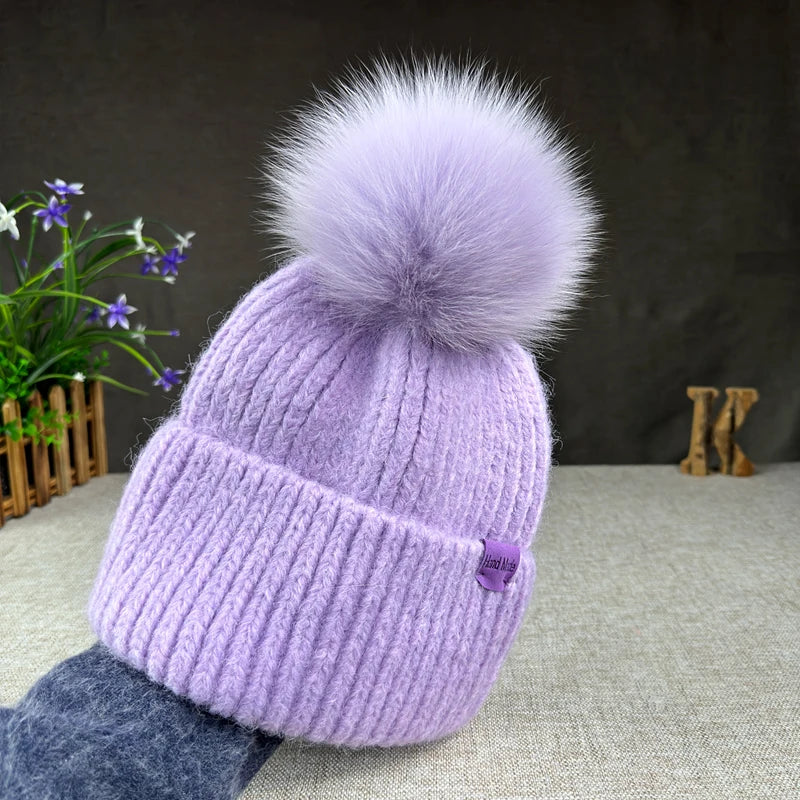 Women’s Large Rabbit Fur Pompom Beanie