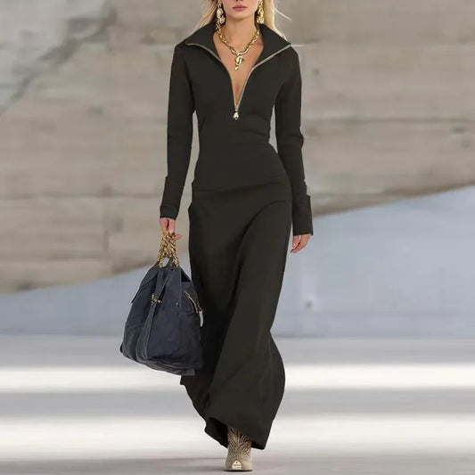 Elegant Long Sleeve Polo Collar Maxi Dress