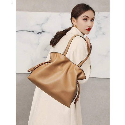 Soft Leather Pleated Bucket Tote Bag