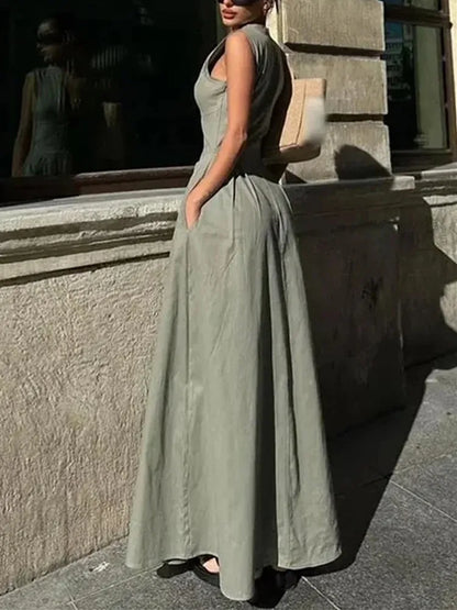 MUJER Elegant Zipper Pleated Sleeveless Midi Dress