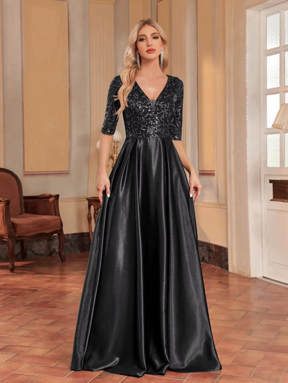 Elegant Green Satin Sequin Evening Dress