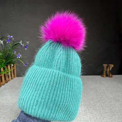 Women’s Large Rabbit Fur Pompom Beanie