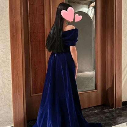 Amanda Navy Blue Off-Shoulder Velvet Beaded Evening Gown