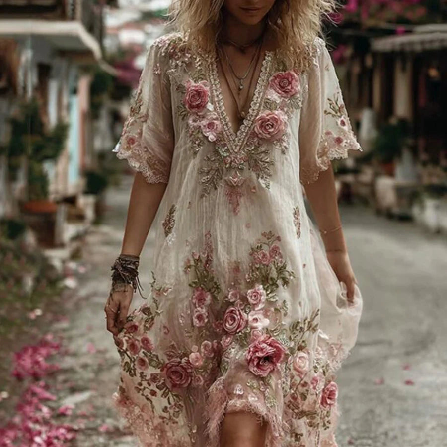 V-Neck Floral Pleated Dress