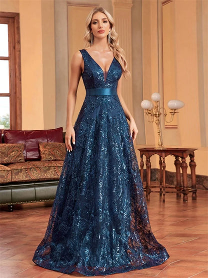 Elegant Sequin V-Neck Evening Dress
