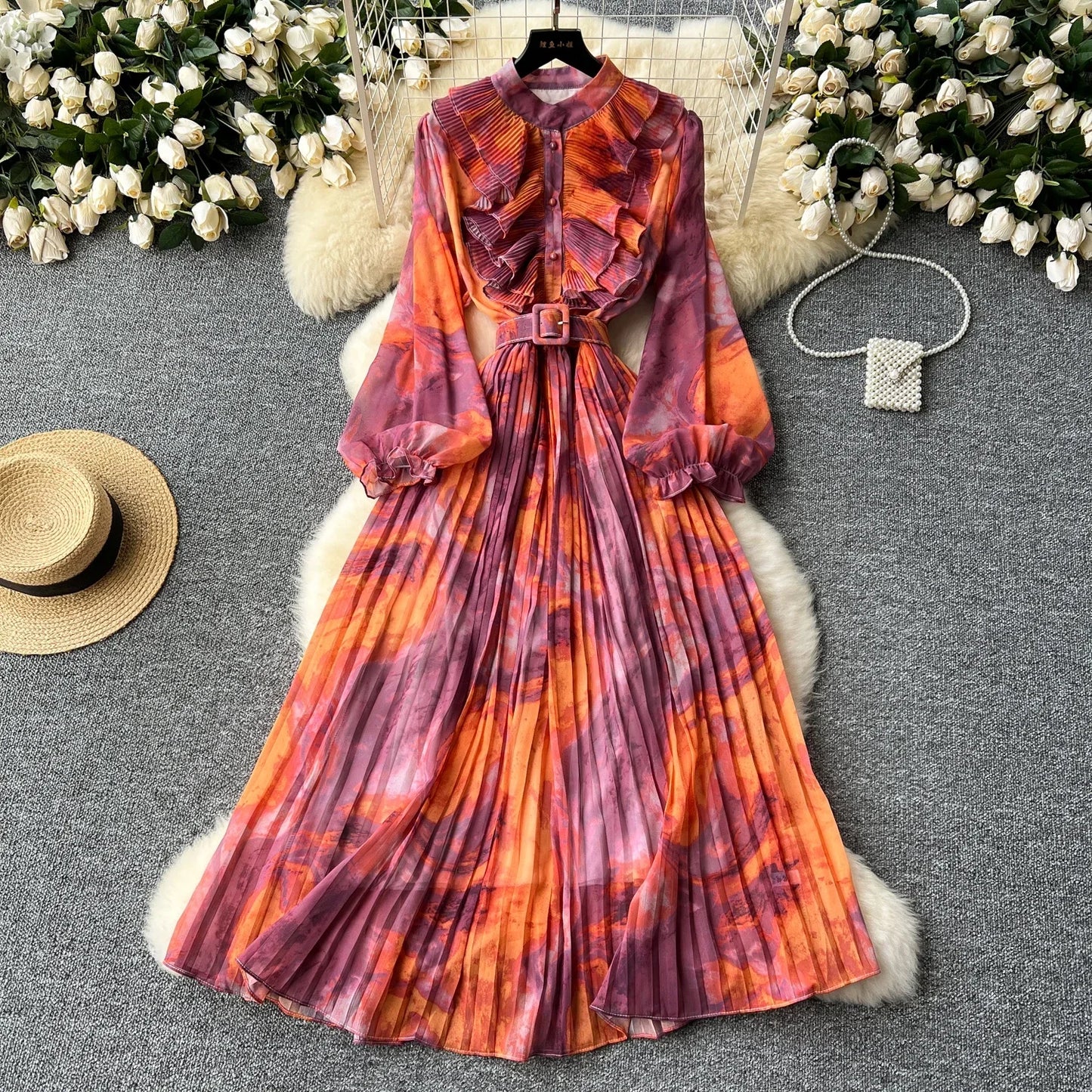 Vintage Print Chiffon Maxi Dress