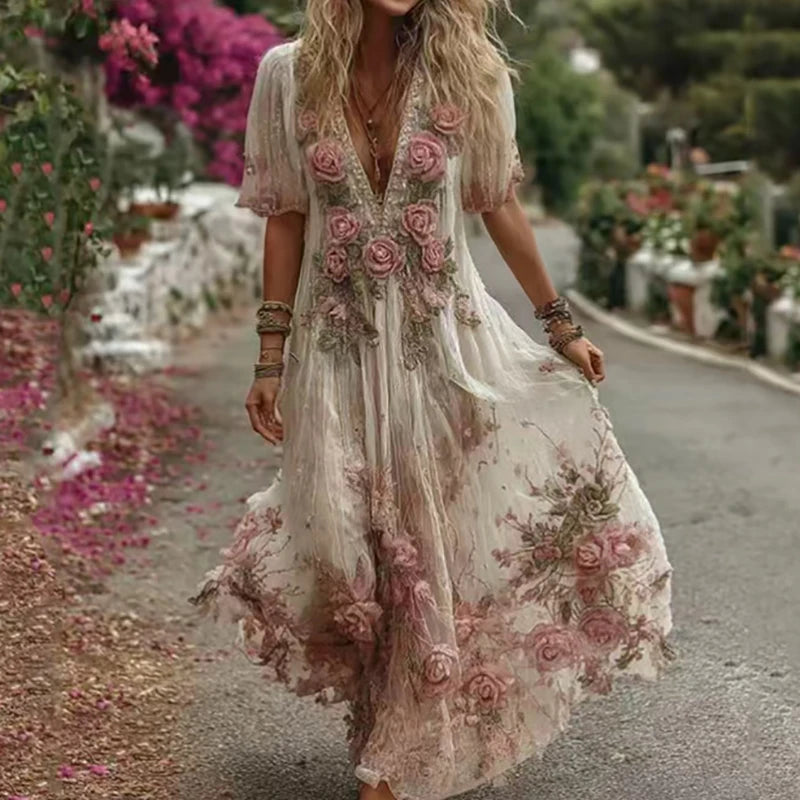 Bohemian V-Neck Floral Midi Dress