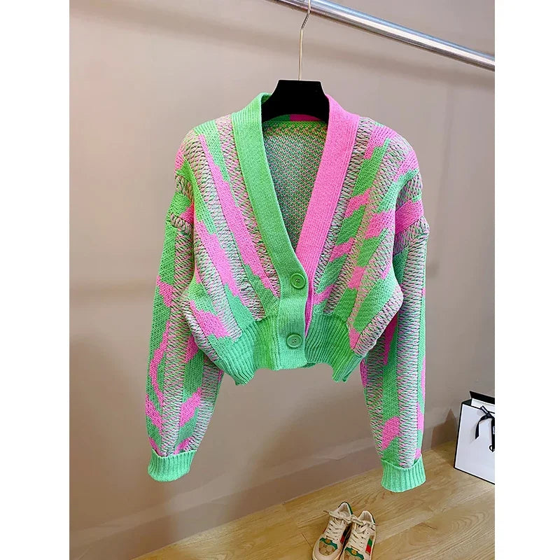 Color Block Green Crop Cardigan