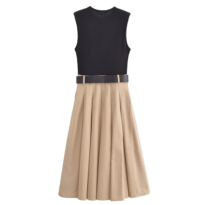 Pleated Belted Midi Dress