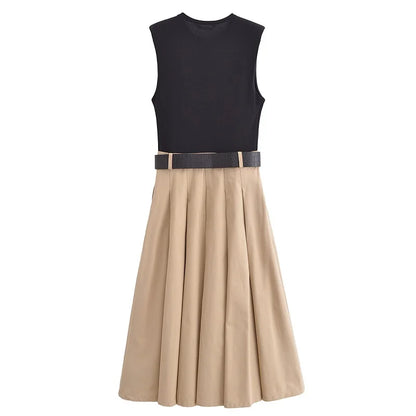 Pleated Belted Midi Dress
