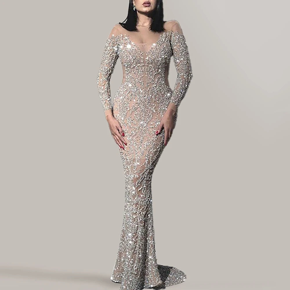 Luxurious Sequin Long Sleeve Evening Dress