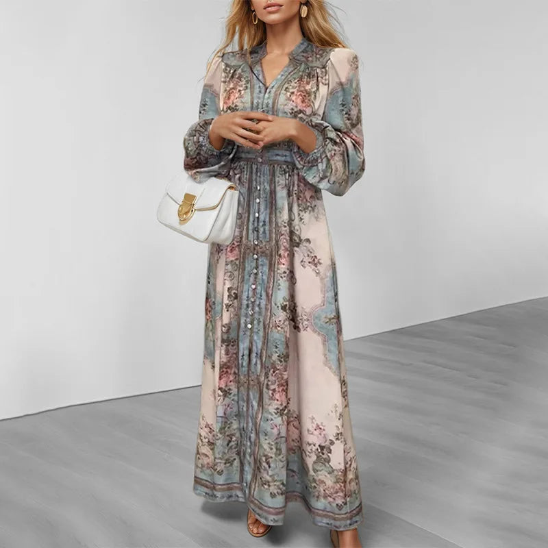 Retro Floral V-Neck Maxi Dress
