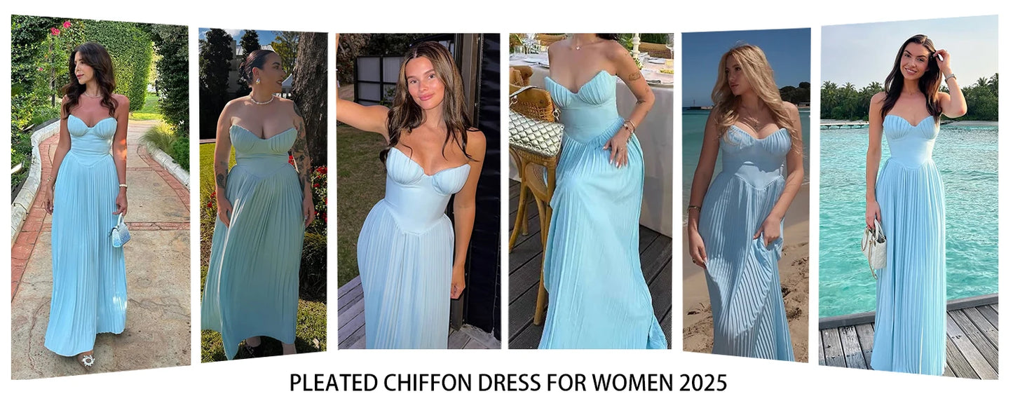Suninheart Summer Sexy Strapless Pleated Maxi Dress