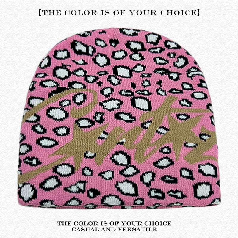 Leopard Print Letter Knit Beanie