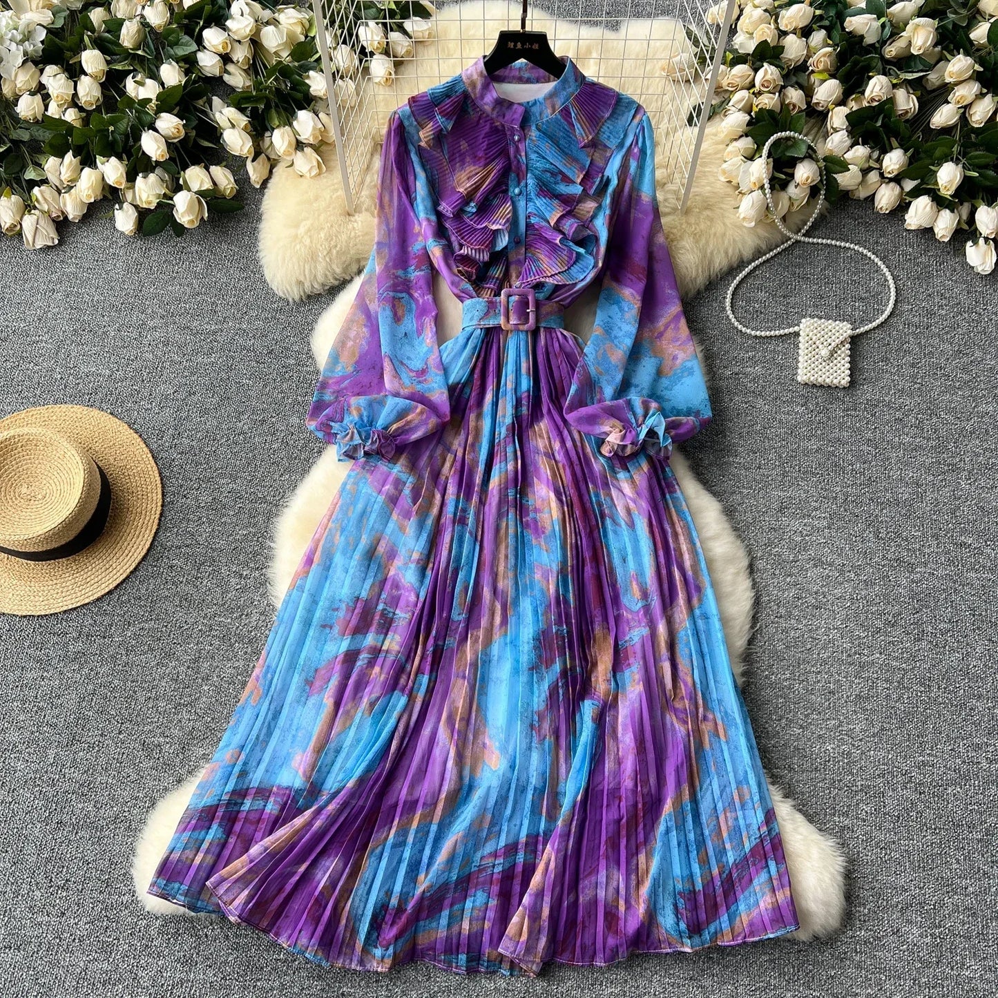 Vintage Print Chiffon Maxi Dress