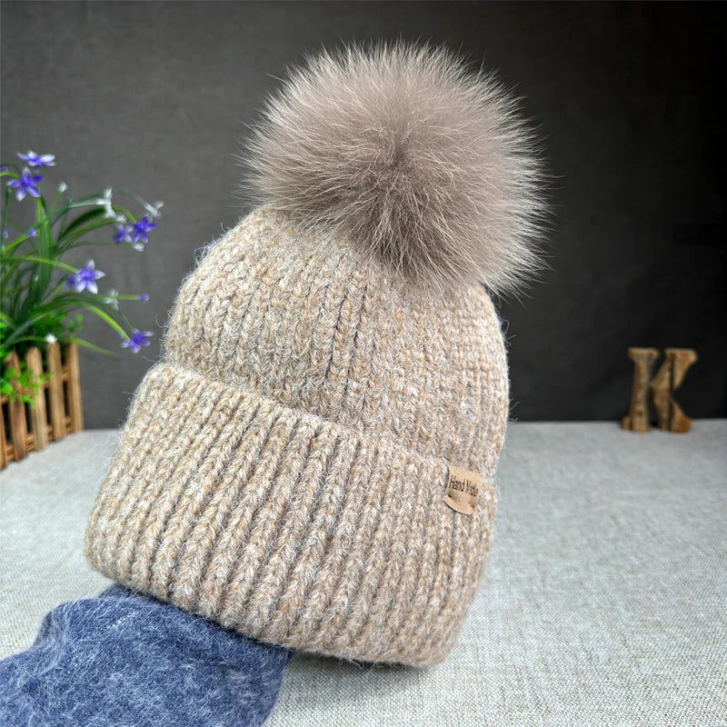 Women’s Large Rabbit Fur Pompom Beanie