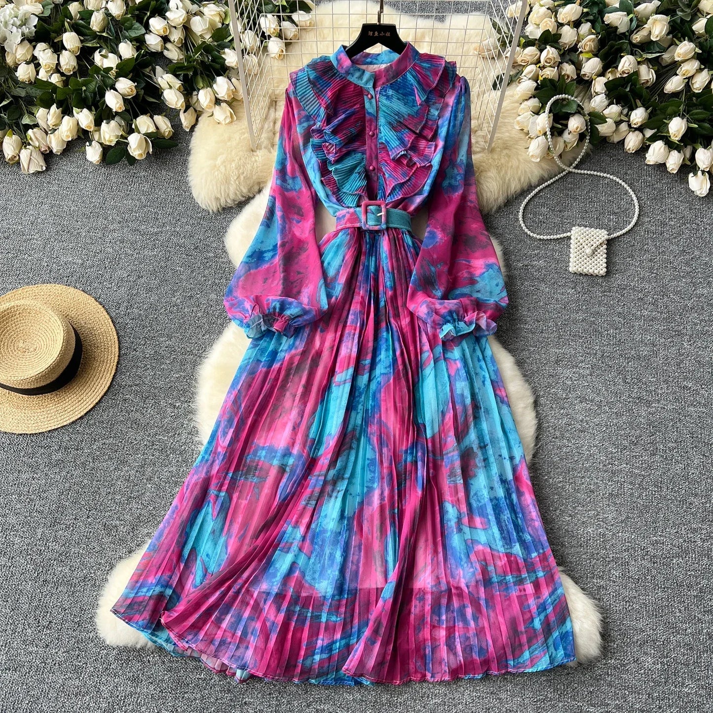 Vintage Print Chiffon Maxi Dress