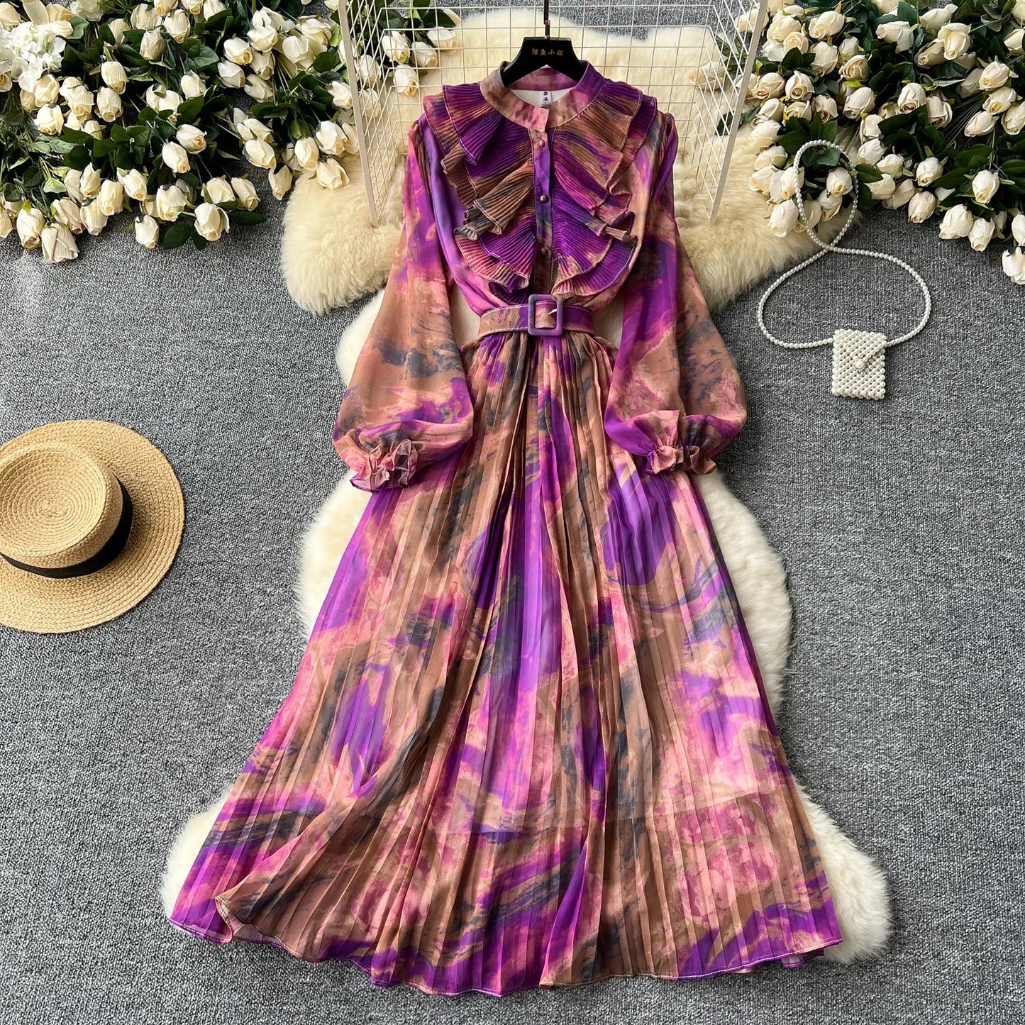 Vintage Print Chiffon Maxi Dress