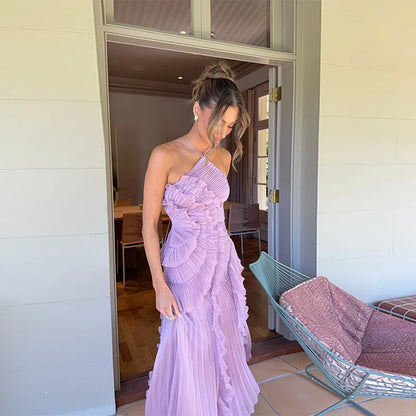 Purple Ruffle Backless Evening Dress