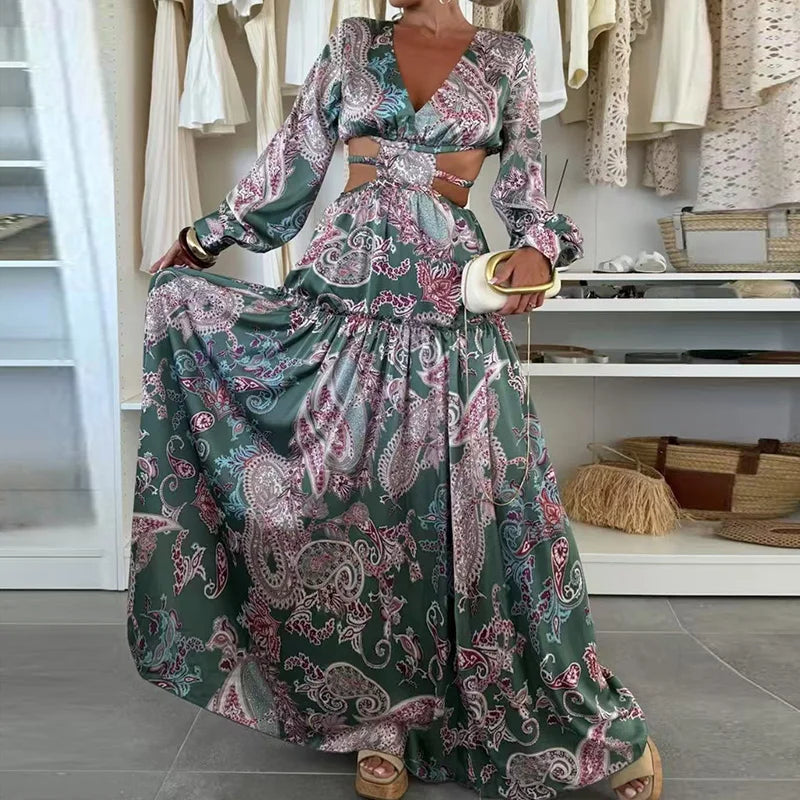 Bohemian V-Neck Pleated Holiday Dress