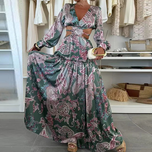 Bohemian V-Neck Pleated Holiday Dress