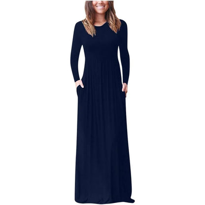 Autumn Winter Solid Color Pocket Maxi Dress