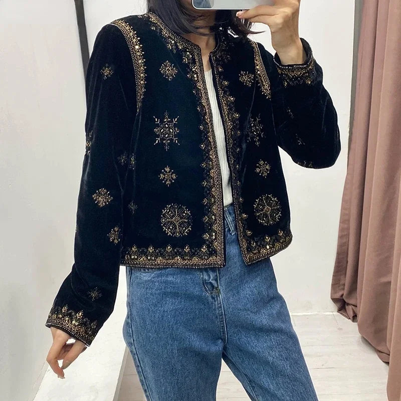 Embroidered Velvet Cardigan