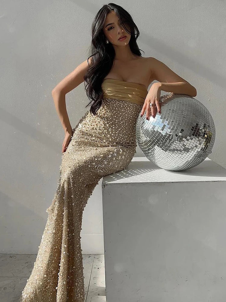 VJ.GOCHI Strapless Pearl Beaded Evening Dress