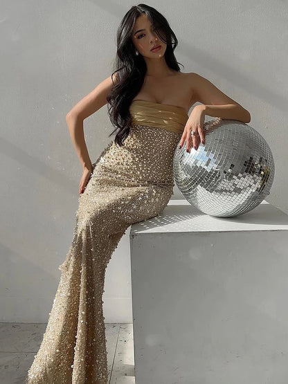 VJ.GOCHI Strapless Pearl Beaded Evening Dress