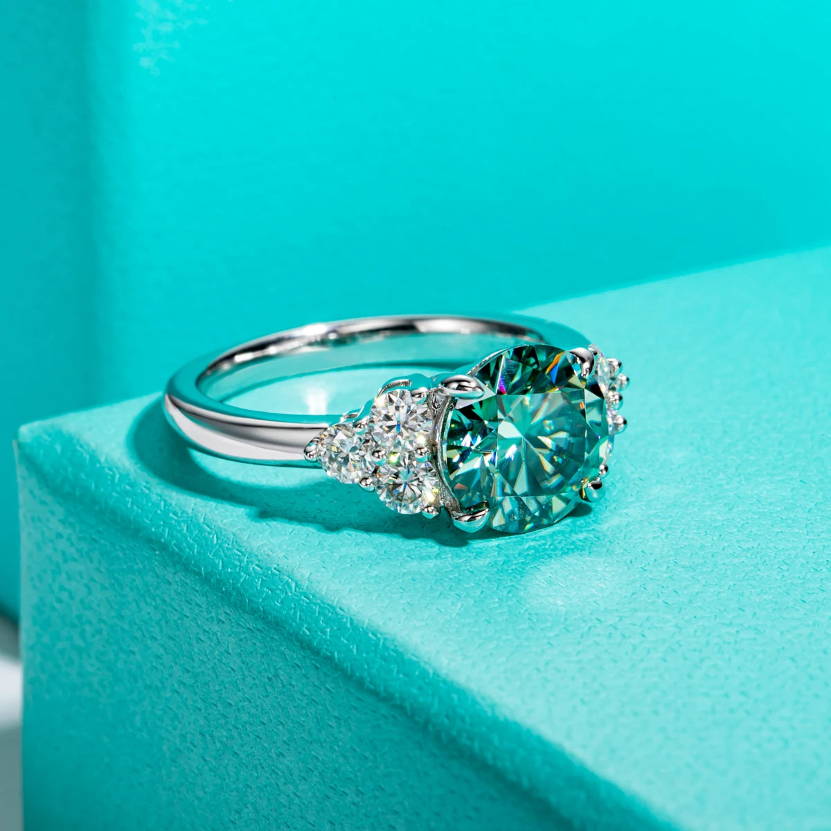 Sterling Silver Blue Green Moissanite Ring