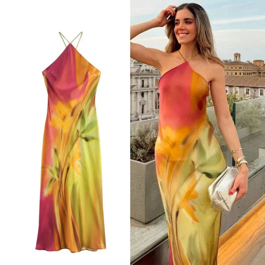 Printed Satin Halter Midi Dress