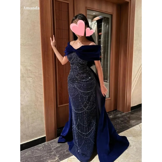Amanda Navy Blue Off-Shoulder Velvet Beaded Evening Gown