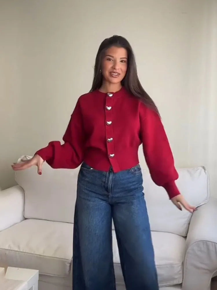 Heart-Button O-Neck Cardigan