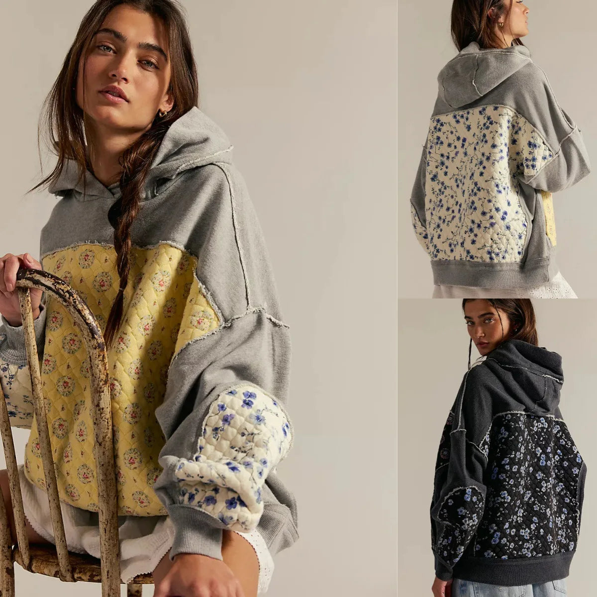 Floral Patchwork Hooded Sweatshirt