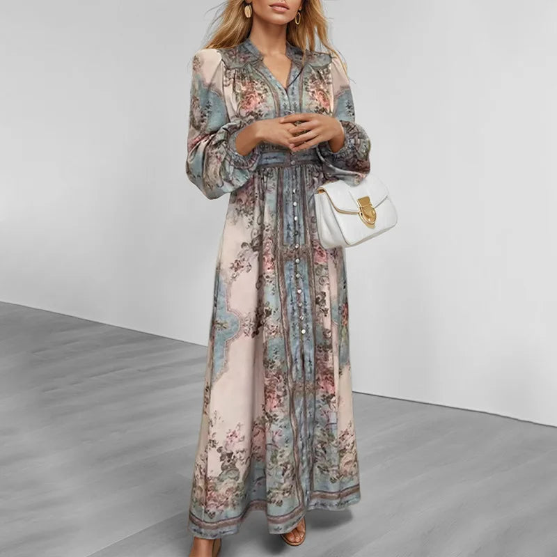 Retro Floral V-Neck Maxi Dress