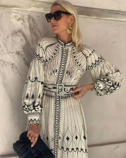 Retro Print Belted Long Dress