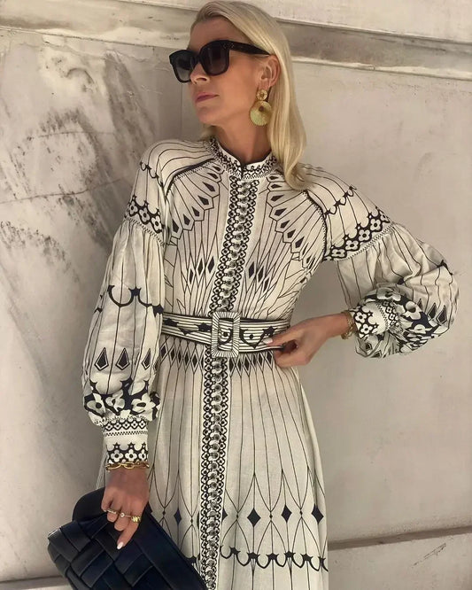 Retro Print Belted Long Dress