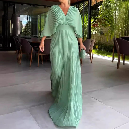 Elegant V-Neck Pleated Maxi Dress