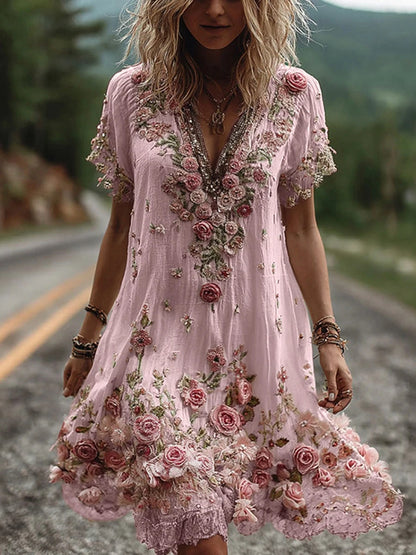 V-Neck Floral Pleated Dress