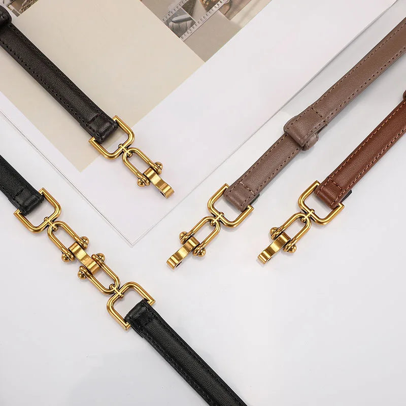 Korean Slim Genuine Leather Belt with Gold Buckle