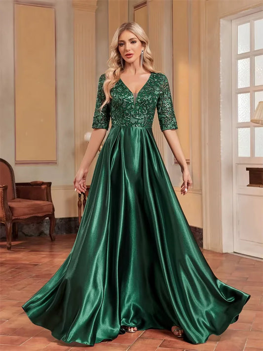 Elegant Green Satin Sequin Evening Dress