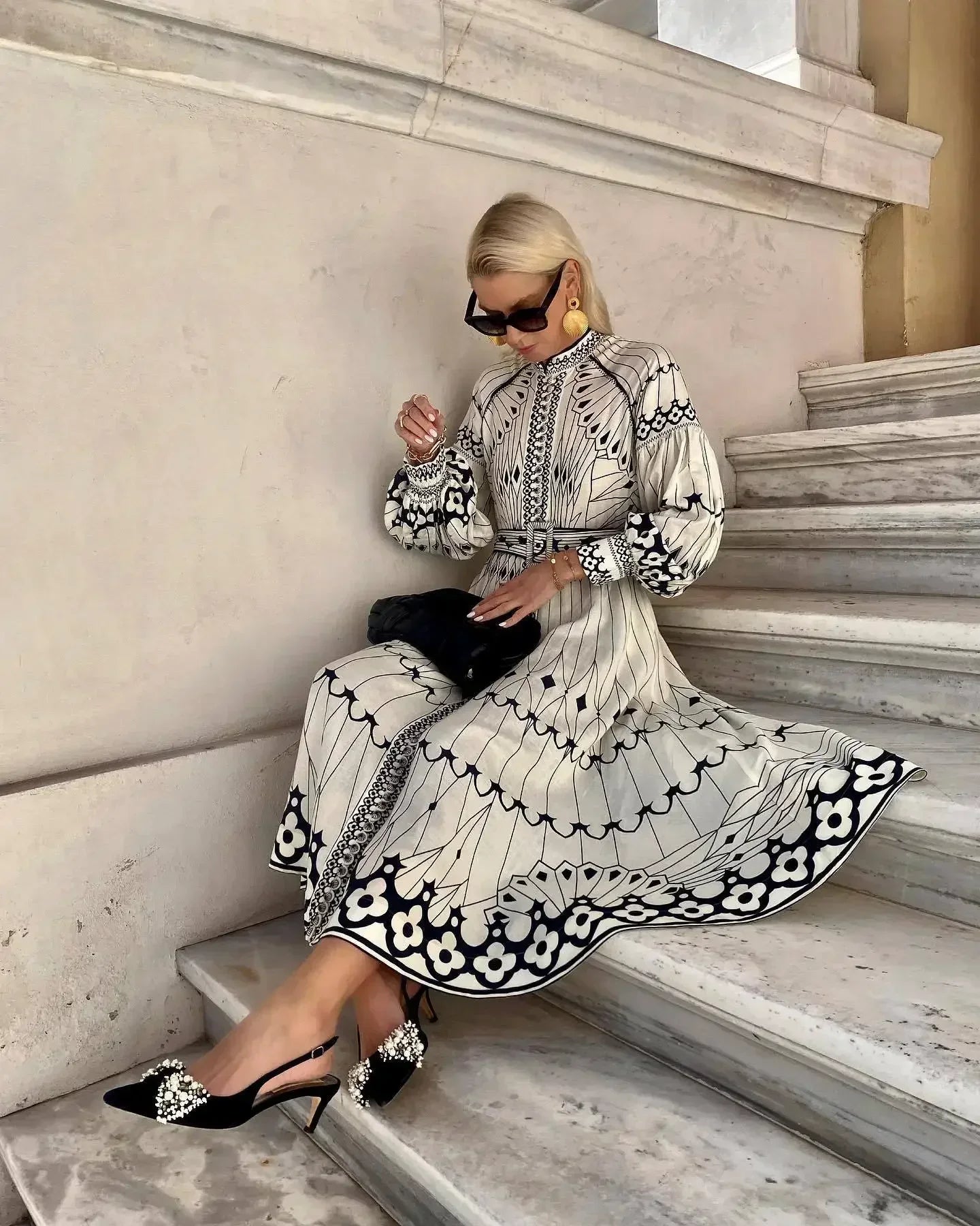 Retro Print Belted Long Dress