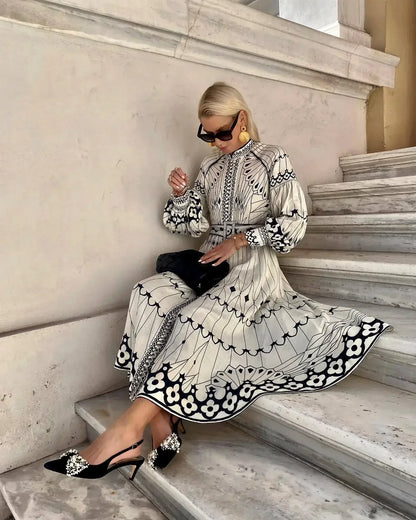 Retro Print Belted Long Dress