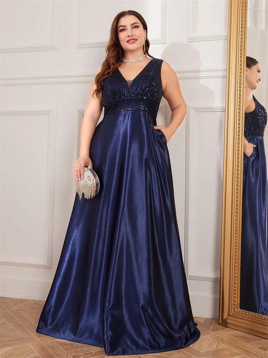 Plus Size Satin Sequin Evening Dress